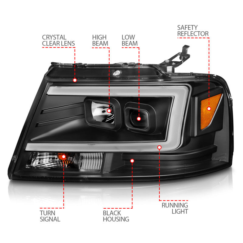 ANZO 2004-2008 Ford  F-150 Projector Headlights w/ Light Bar Black Housing 111541