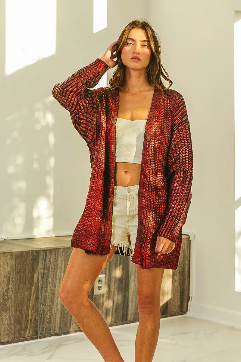 BiBi Metallic Knit V-neck Open Sweater Cardigan