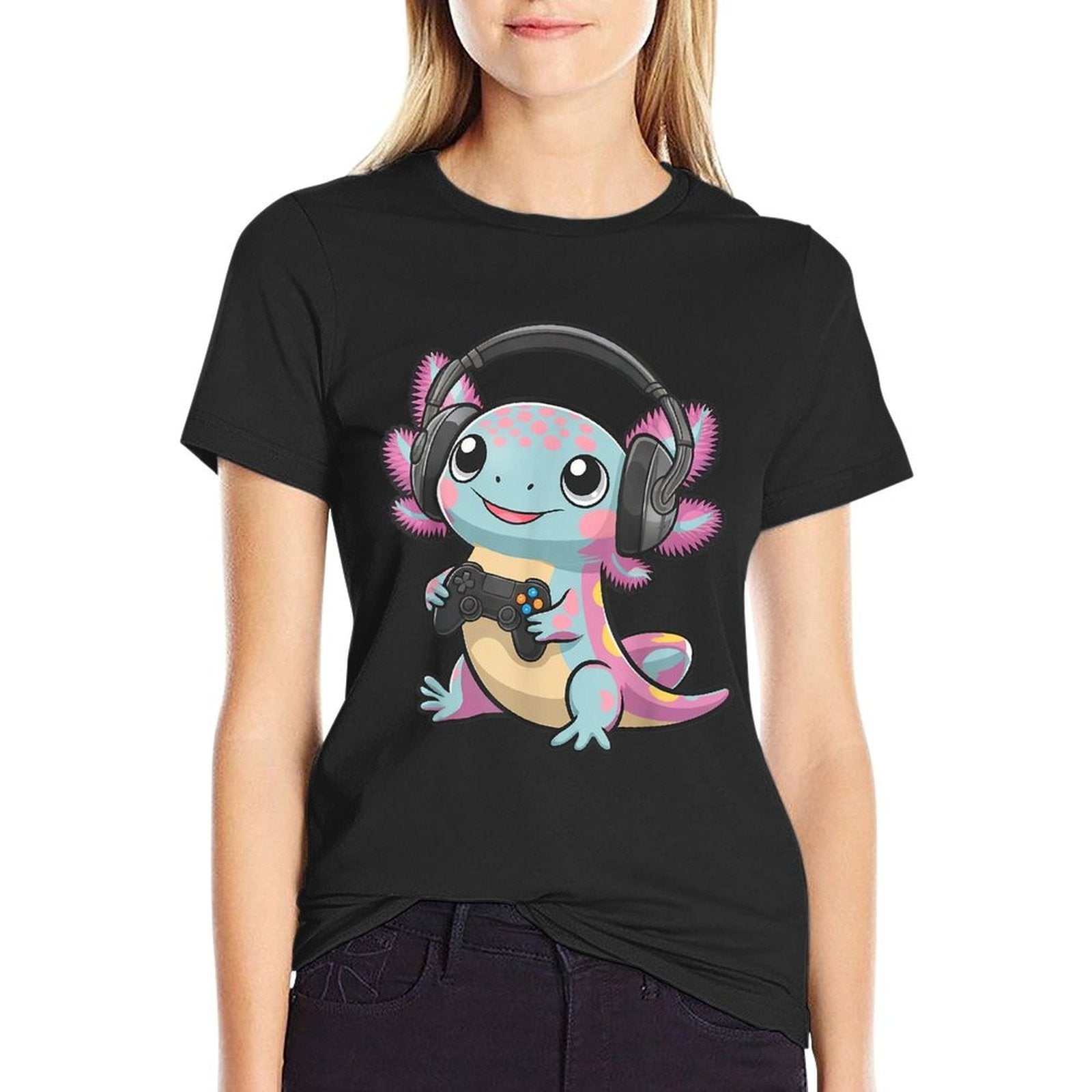 Cute Axolotl Playing Video Games Funny Gaming Axolotl  Rolled Sleeves T-Shirt