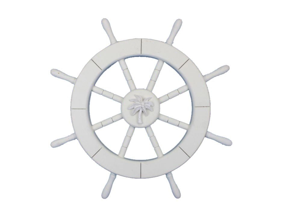 White Decorative Ship Wheel with Palm Tree 18""