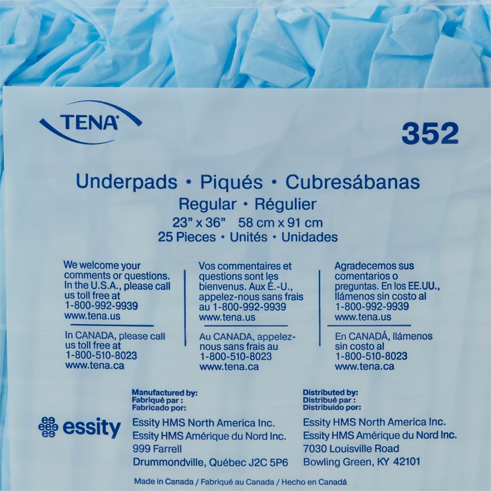 Tena® Regular Underpads, Light Absorbency, Blue, Disposable, 23 x 36 Inch 352