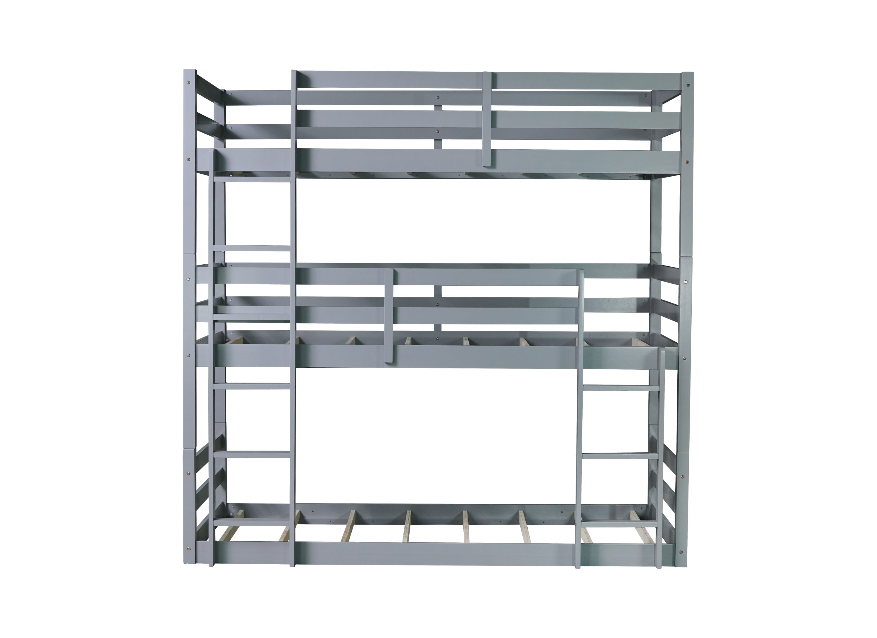 Triple Rubber Wood Bunk Bed with Two Built-in Ladders, Guardrails, Twin over Twin over Twin, Detachable Triple Twin Bunk Bed,Grey