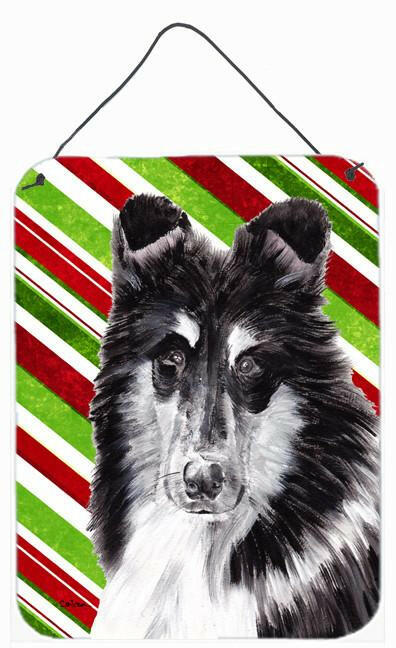 Black and White Collie Candy Cane Christmas Wall or Door Hanging Prints Aluminum Metal Sign Kitchen Wall Bar Bathroom Plaque Home Decor Front Door Plaque, 12x16, Multicolor