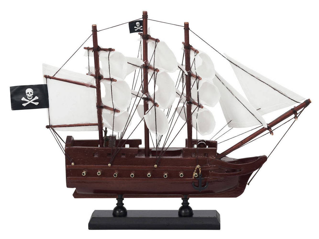 Wooden Captain Kidds Black Falcon White Sails Model Pirate Ship 12""