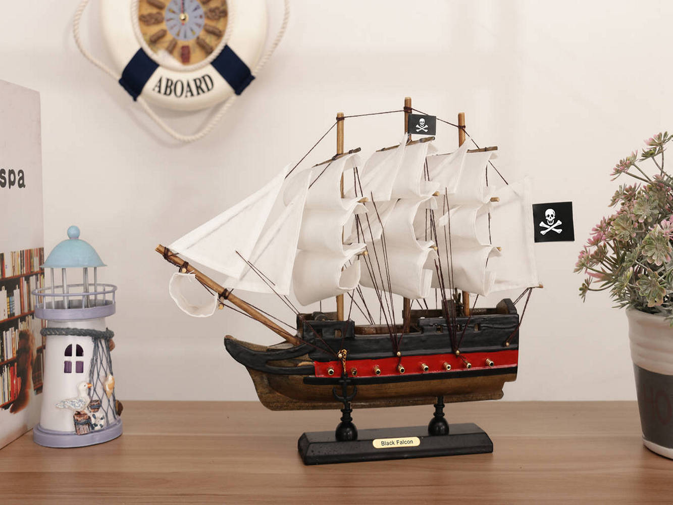 Wooden Captain Kidds Black Falcon White Sails Limited Model Pirate Ship 12""