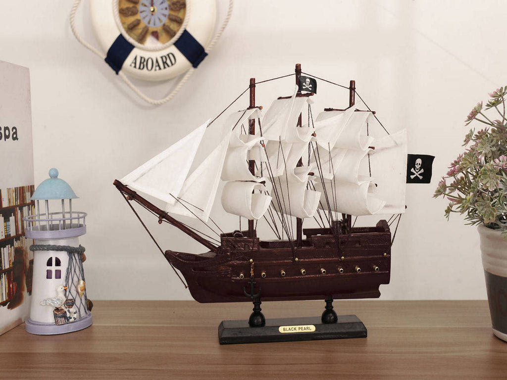 Wooden Black Pearl with White Sails Model Pirate Ship 12""