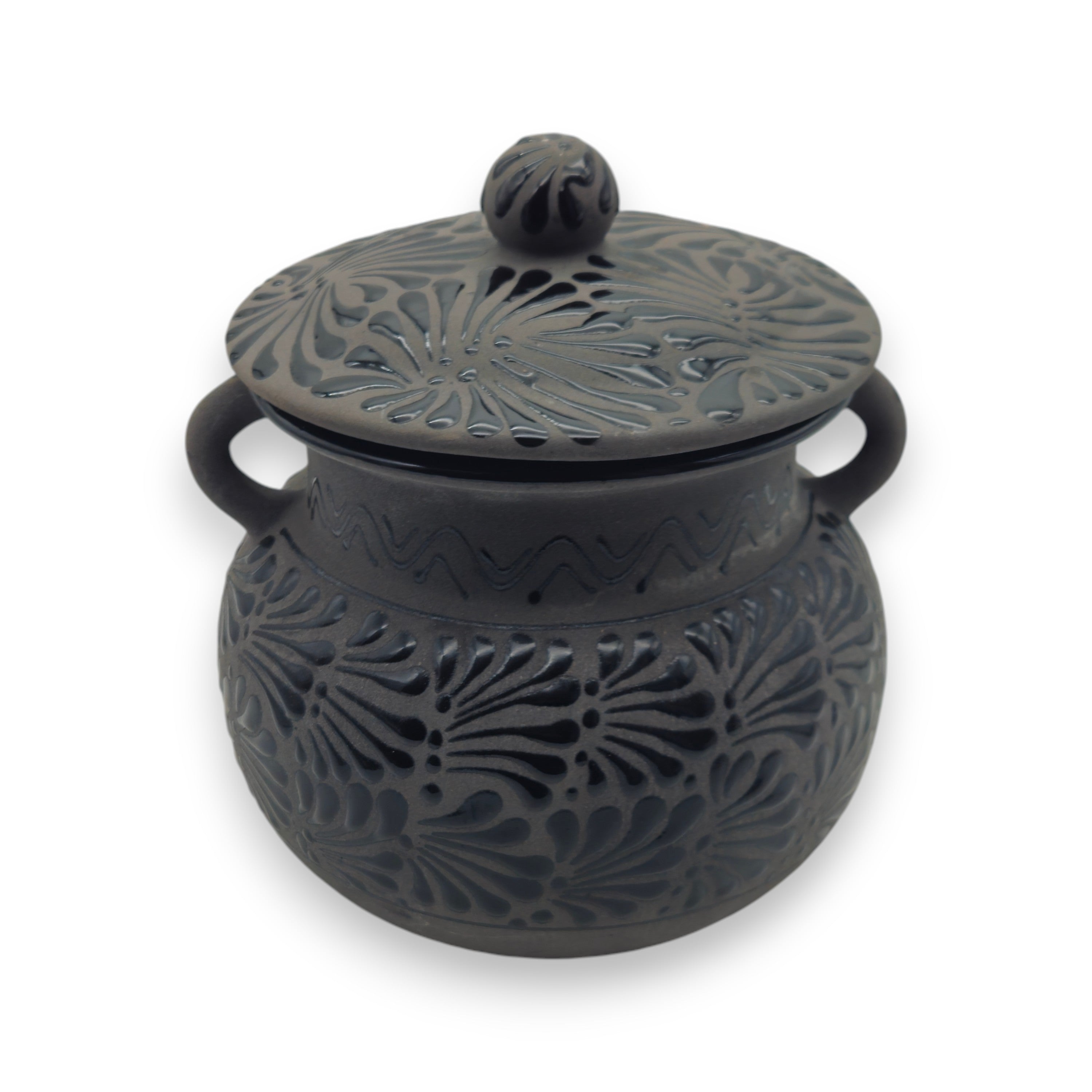 Black Talavera Bean Pot with Lid | Mexican Clay Frijolero