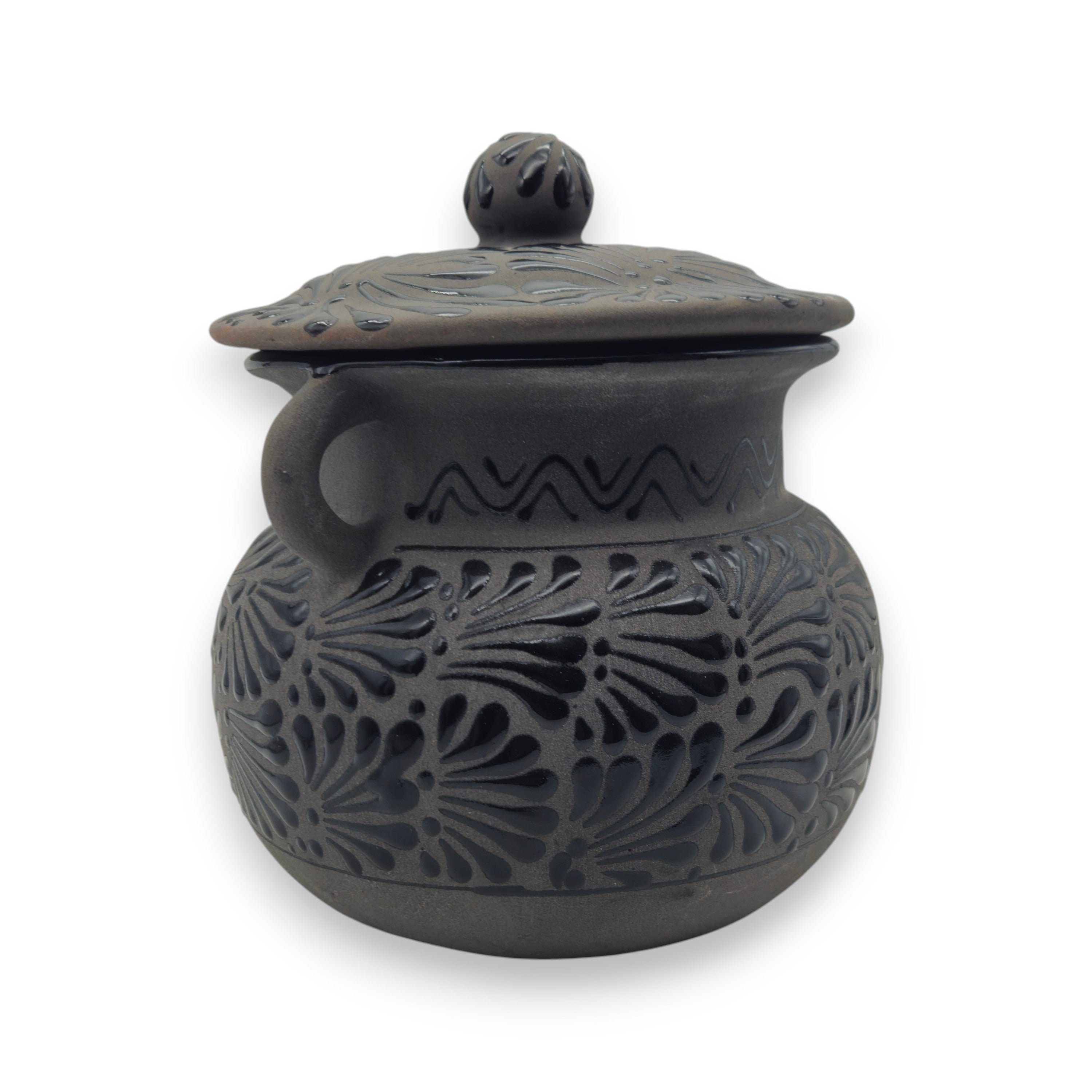 Black Talavera Bean Pot with Lid | Mexican Clay Frijolero