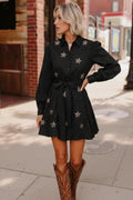 Black Sequin Stars Applique Pocketed Holiday Dress