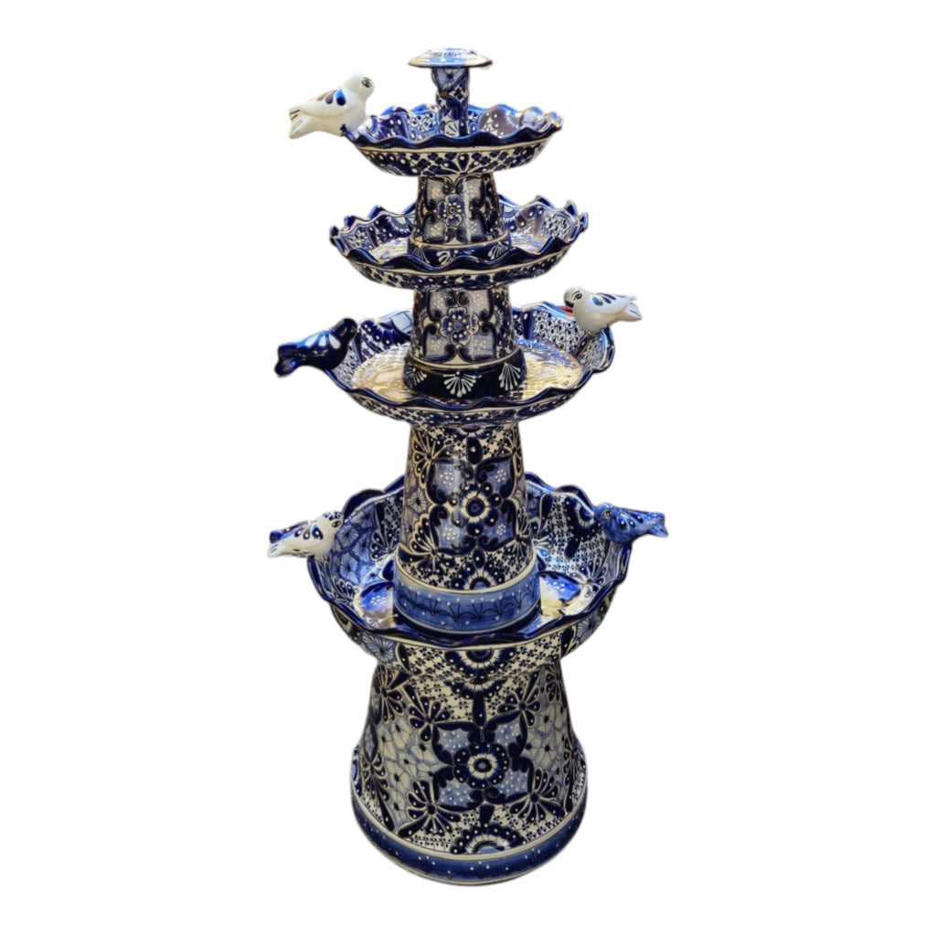 Blue & White Talavera Garden Fountain | Handmade 4-Foot Tiered Art