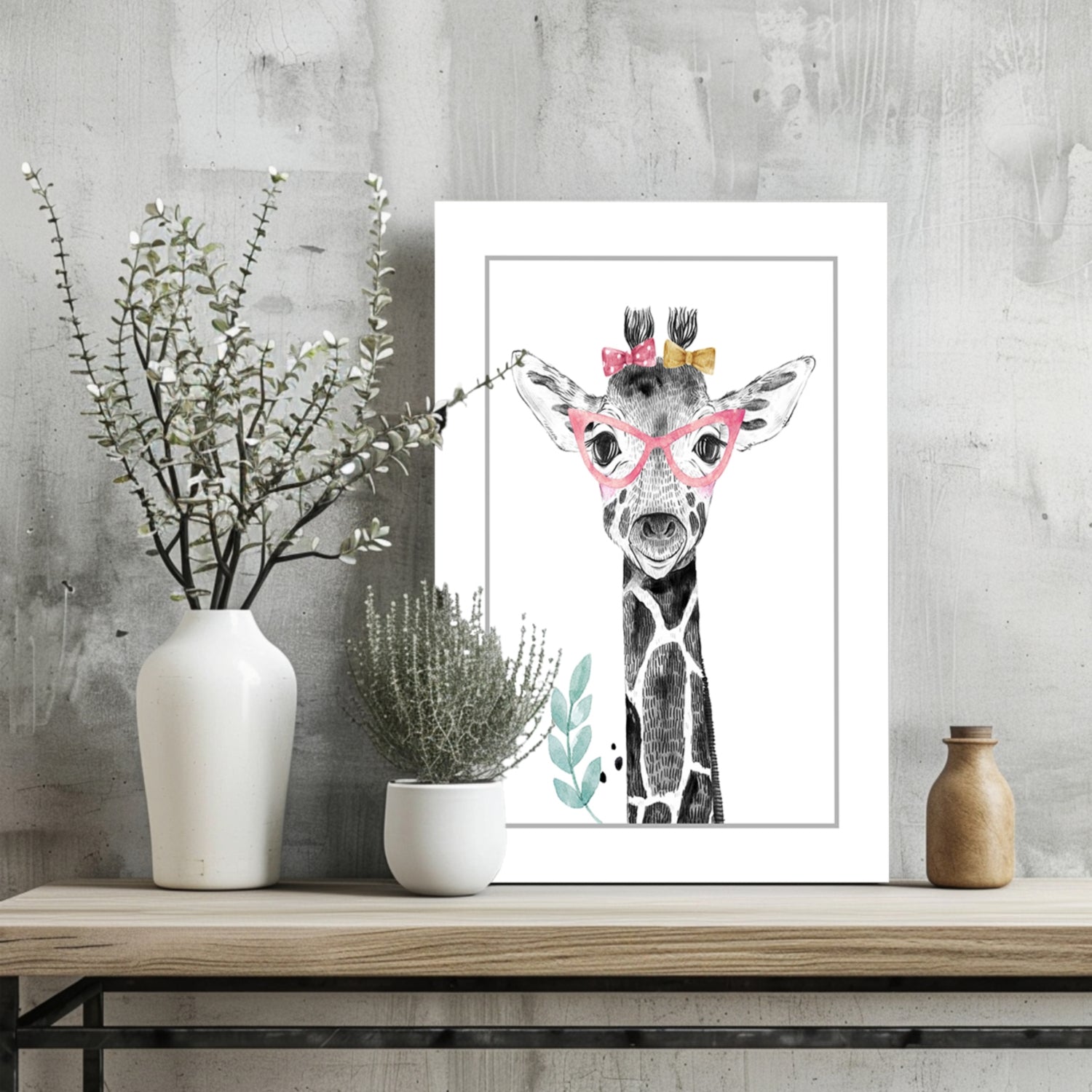 Pink Glasses Baby Giraffe Sketch Aluminum Print