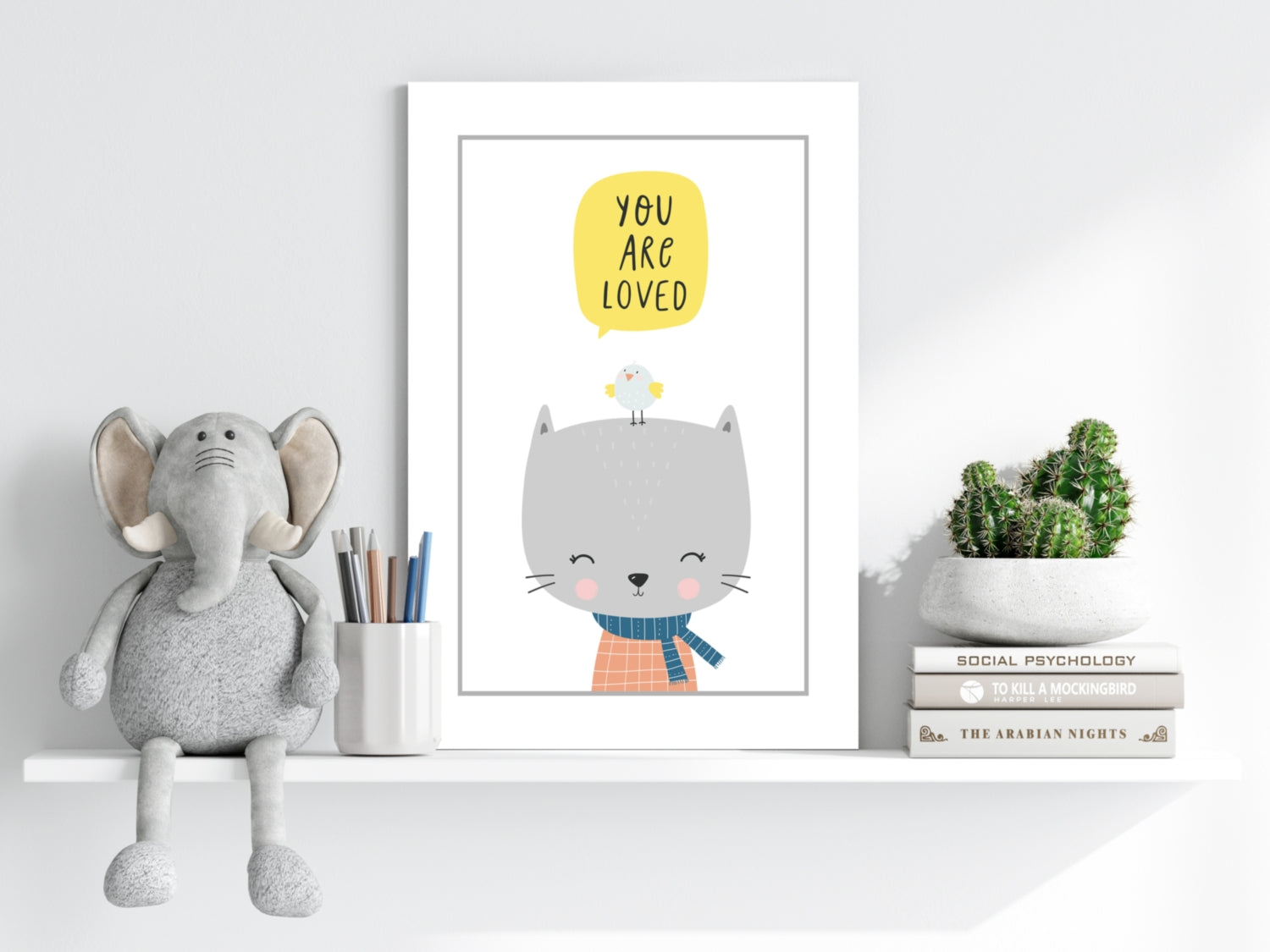 Gray Cat With Bird and Yellow Bubble Aluminum Print