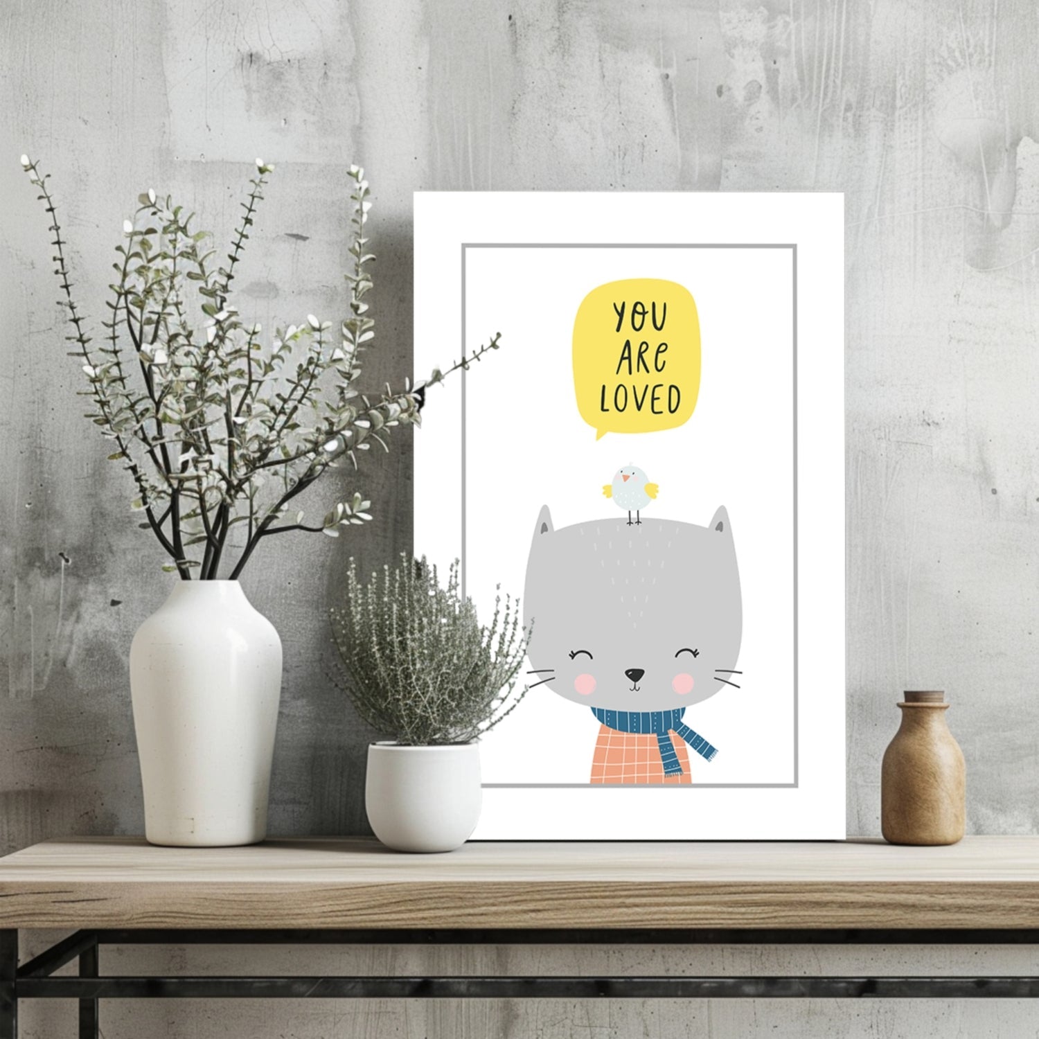 Gray Cat With Bird and Yellow Bubble Aluminum Print