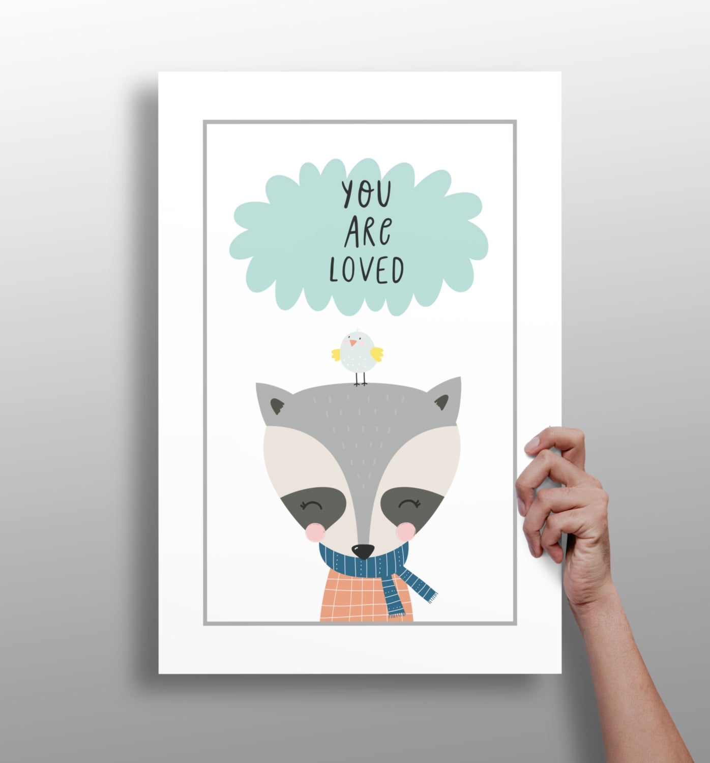 Raccoon With Bird and Mint Cloud Aluminum Print