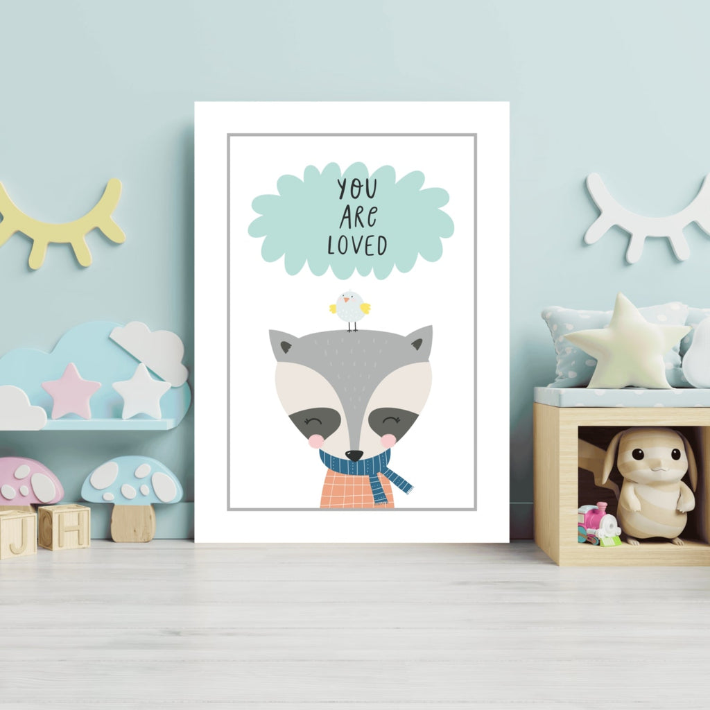 Raccoon With Bird and Mint Cloud Aluminum Print