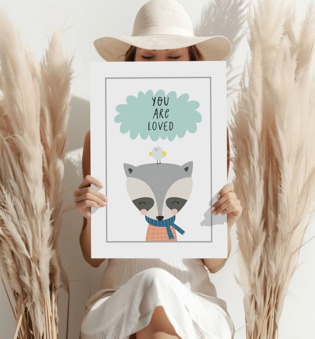 Raccoon With Bird and Mint Cloud Aluminum Print