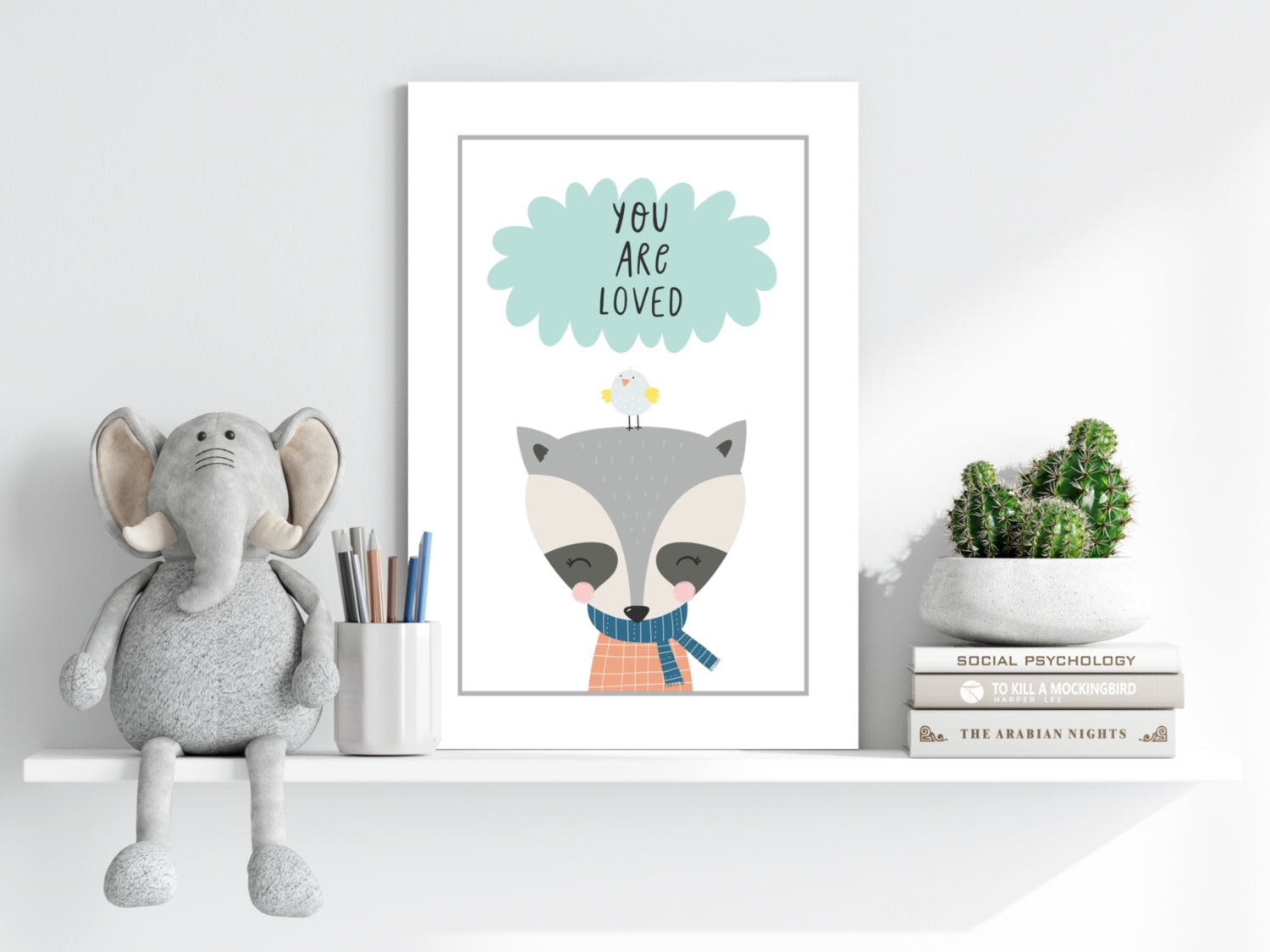 Raccoon With Bird and Mint Cloud Aluminum Print