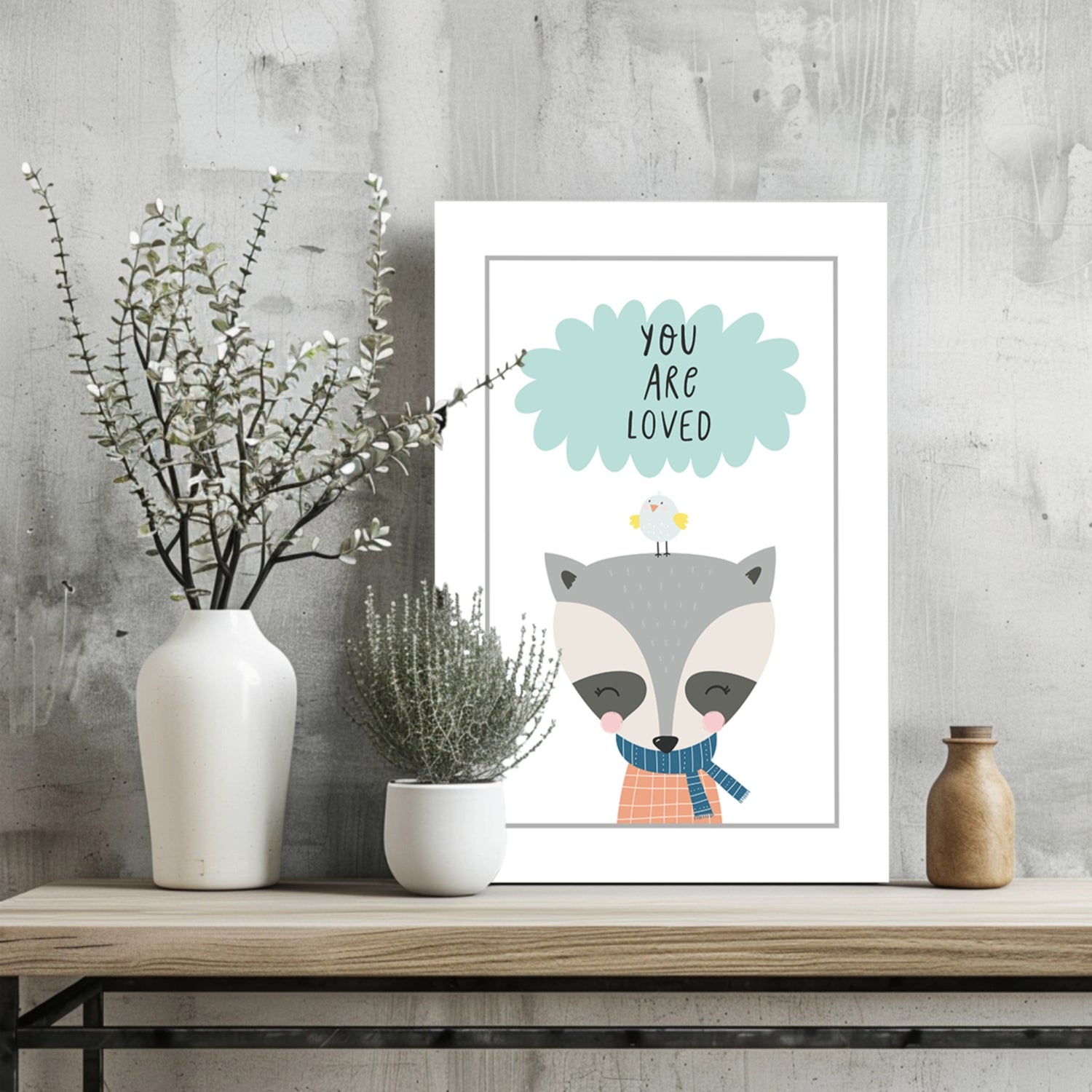 Raccoon With Bird and Mint Cloud Aluminum Print