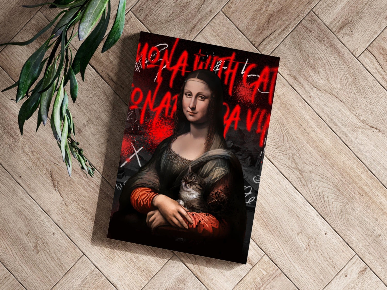 Mona Lisa Red Graffiti Lady Holding Cat Classic Aluminum Print