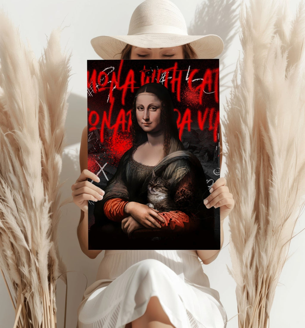 Mona Lisa Red Graffiti Lady Holding Cat Classic Aluminum Print