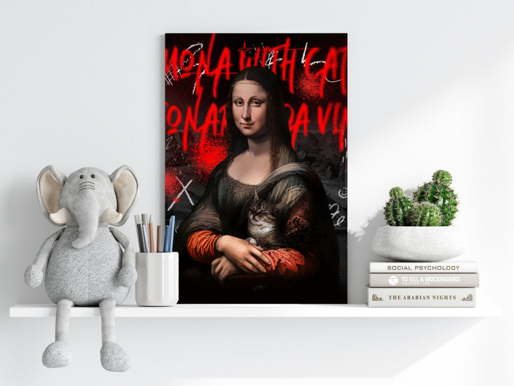 Mona Lisa Red Graffiti Lady Holding Cat Classic Aluminum Print