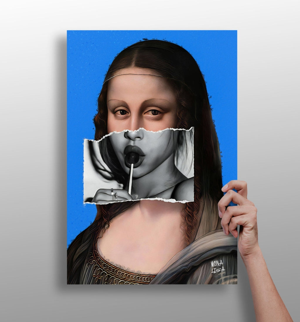Mona Lisa Blue Torn Paper Lollipop Collage Portrait Aluminum Print