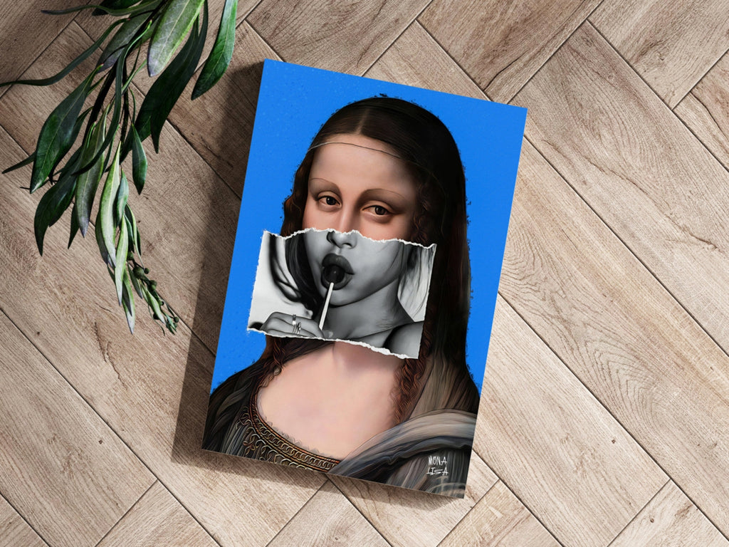 Mona Lisa Blue Torn Paper Lollipop Collage Portrait Aluminum Print