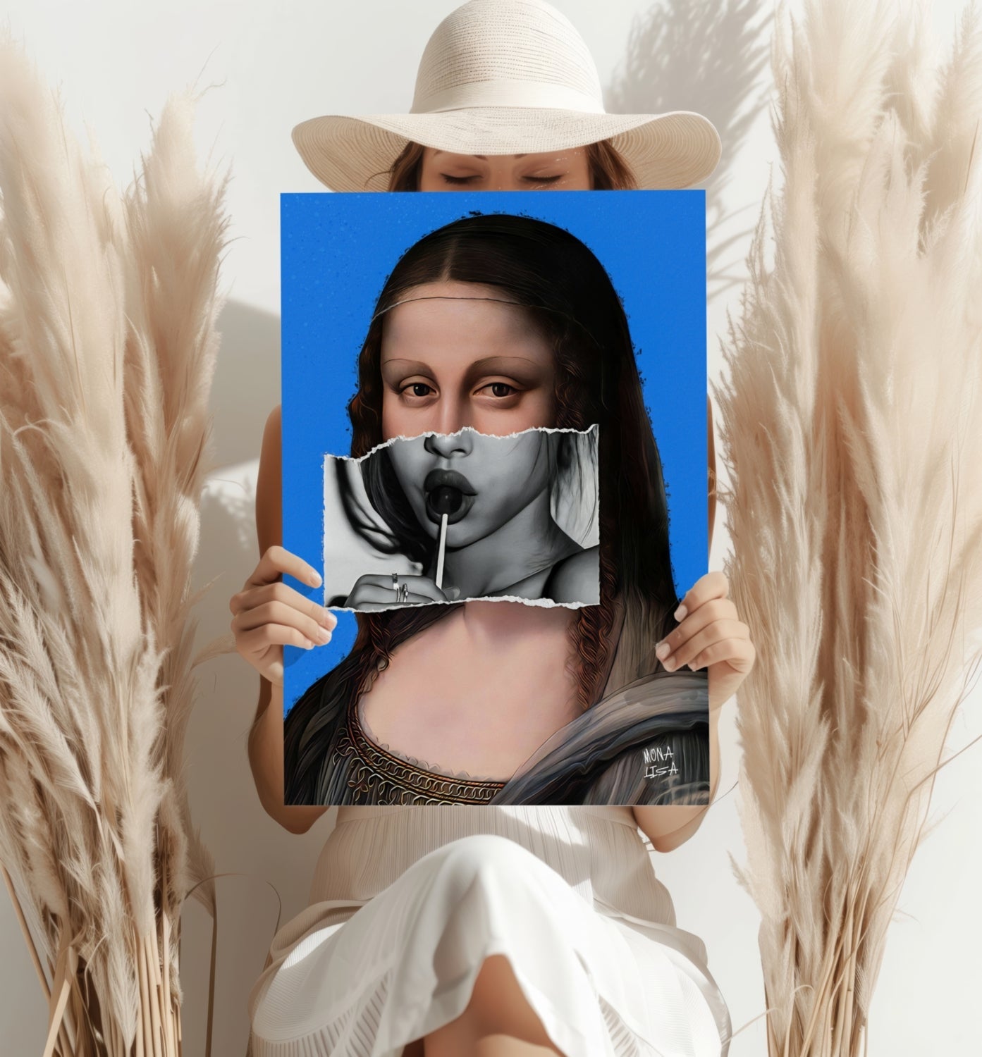 Mona Lisa Blue Torn Paper Lollipop Collage Portrait Aluminum Print