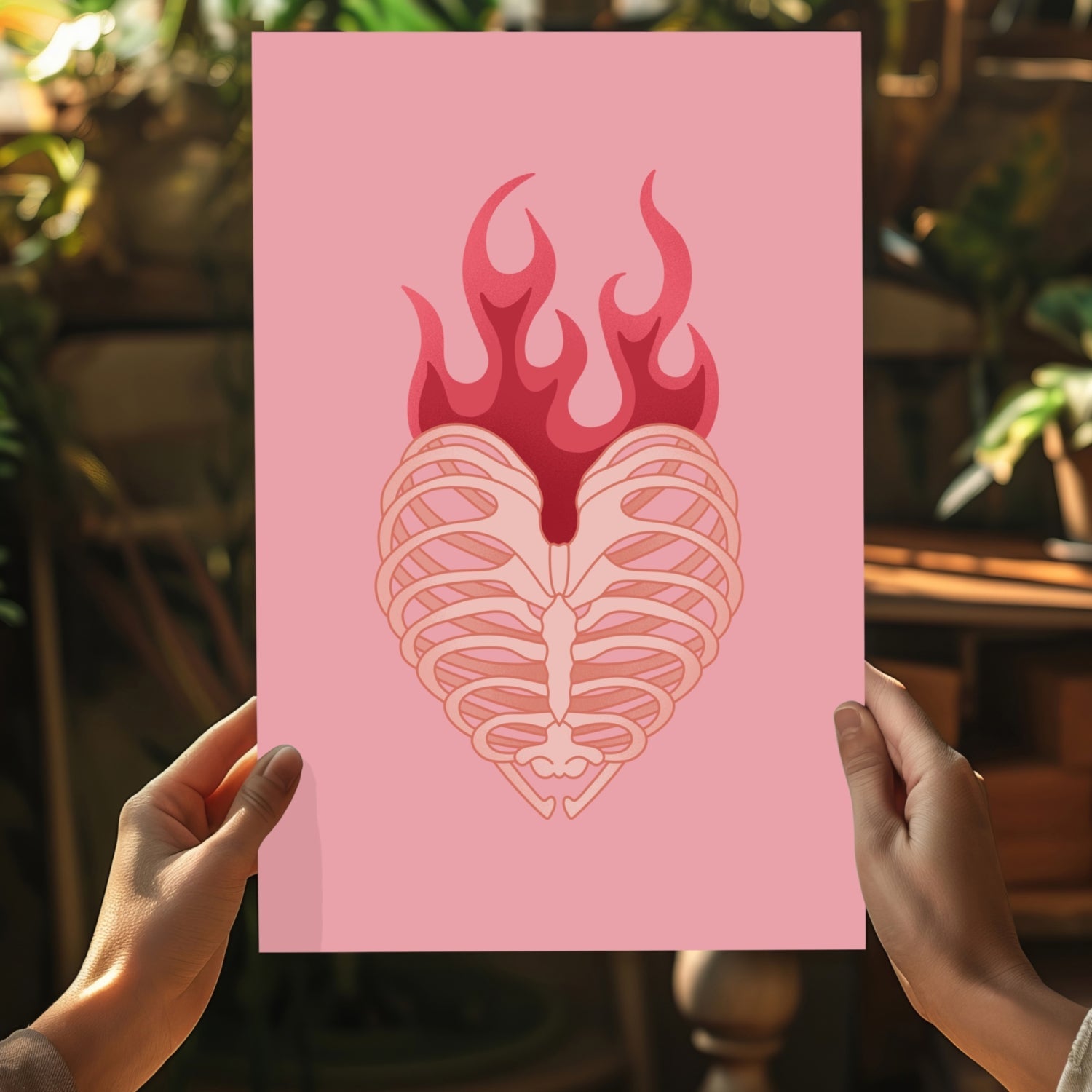 Flaming Rib Cage Heart on Pink Aluminum Print