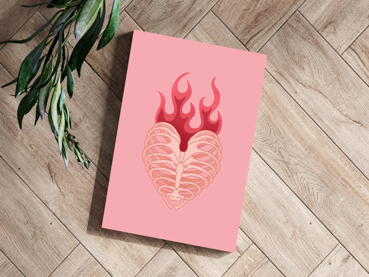 Flaming Rib Cage Heart on Pink Aluminum Print
