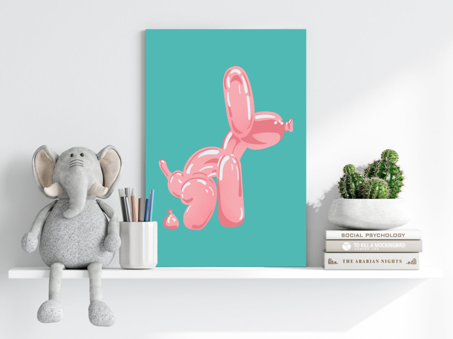Pink Squatting Pose on Teal Balloon Dog Aluminum Print