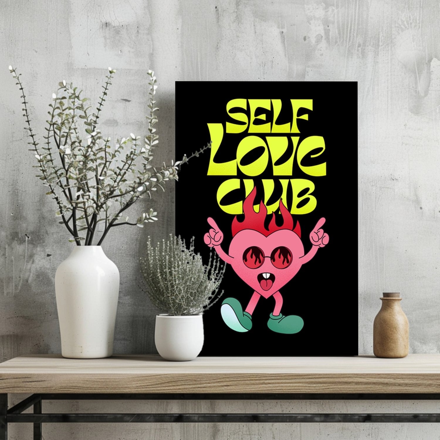 Neon Yellow Type Flaming Pink Heart Club Aluminum Print
