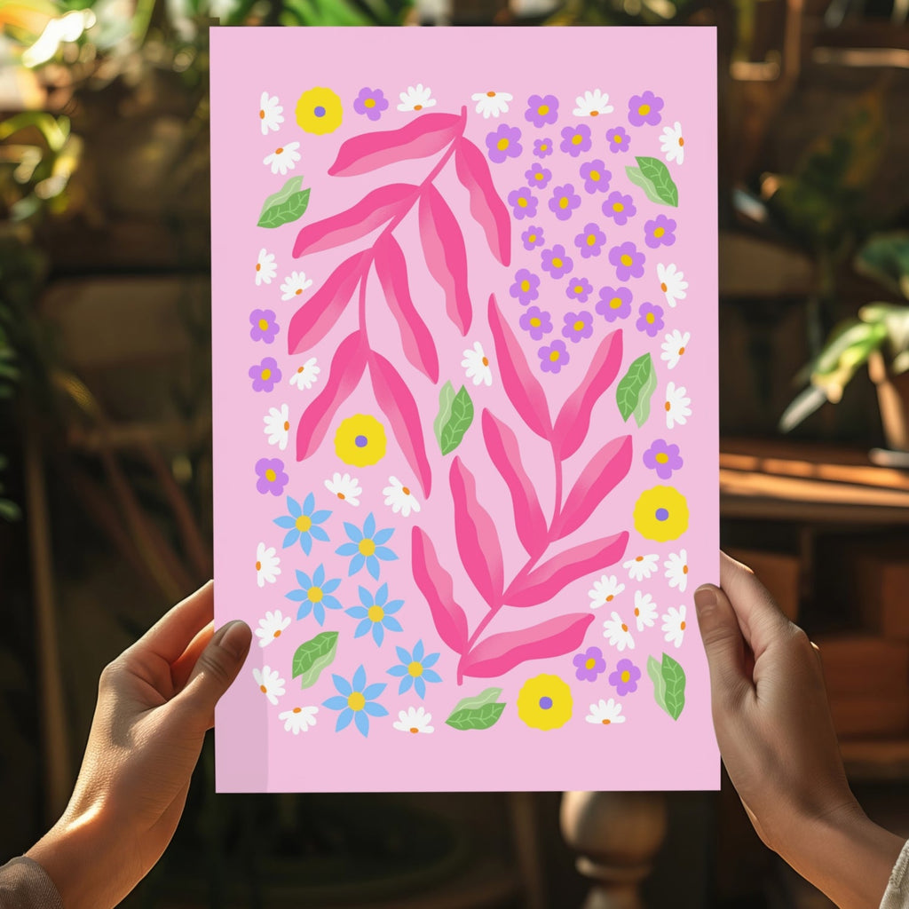 Pink Daisy Scatter Garden Abstract Flower Aluminum Print