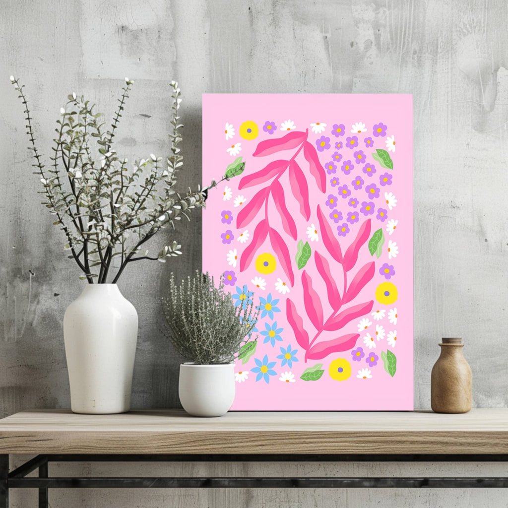 Pink Daisy Scatter Garden Abstract Flower Aluminum Print