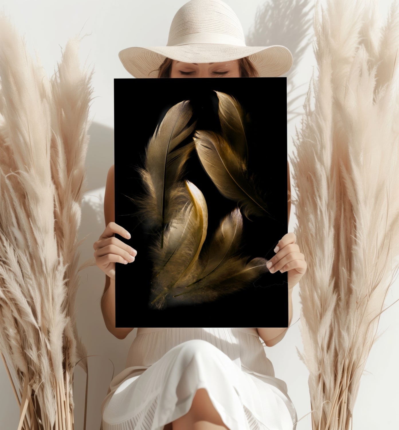 Golden Feather Cluster On Black Aluminum Print