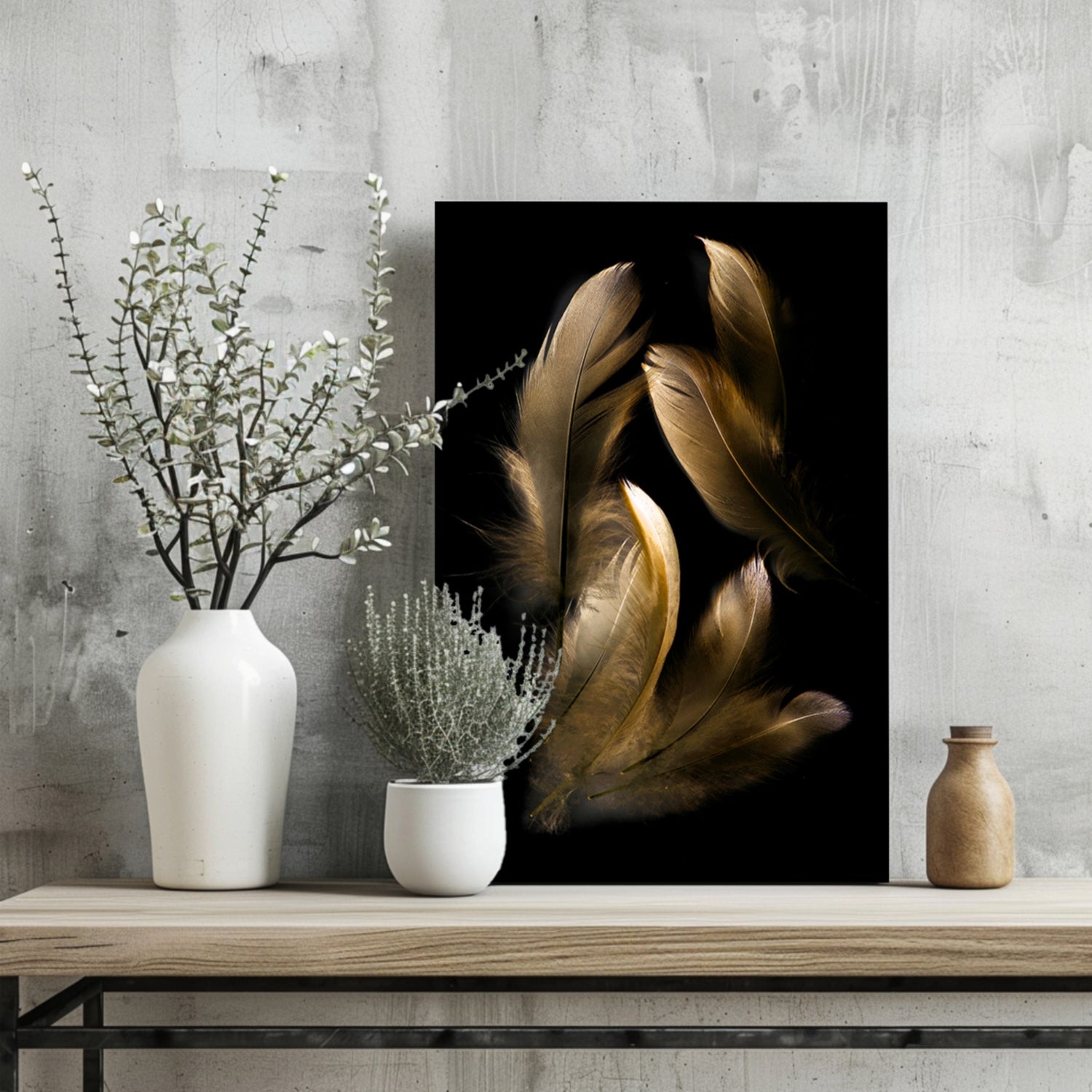 Golden Feather Cluster On Black Aluminum Print