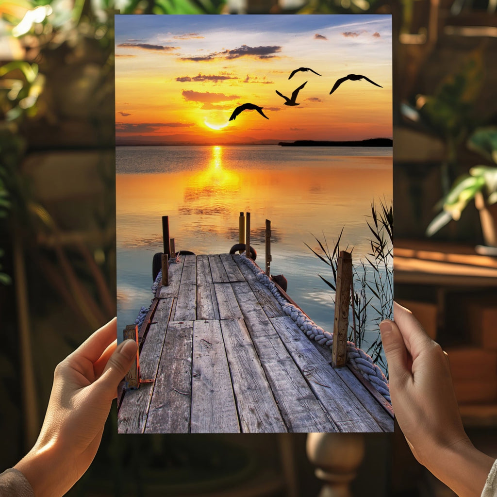 Wooden Jetty Sunset With Flying Gulls Aluminum Print