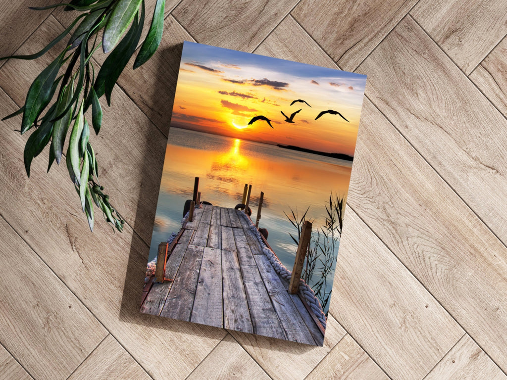 Wooden Jetty Sunset With Flying Gulls Aluminum Print