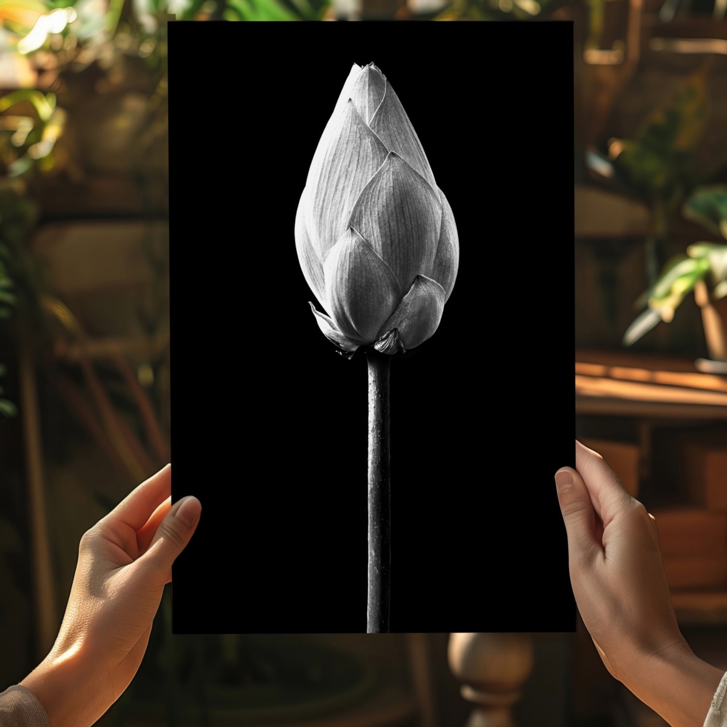 Black and White Lotus Bud Close Up Aluminum Print
