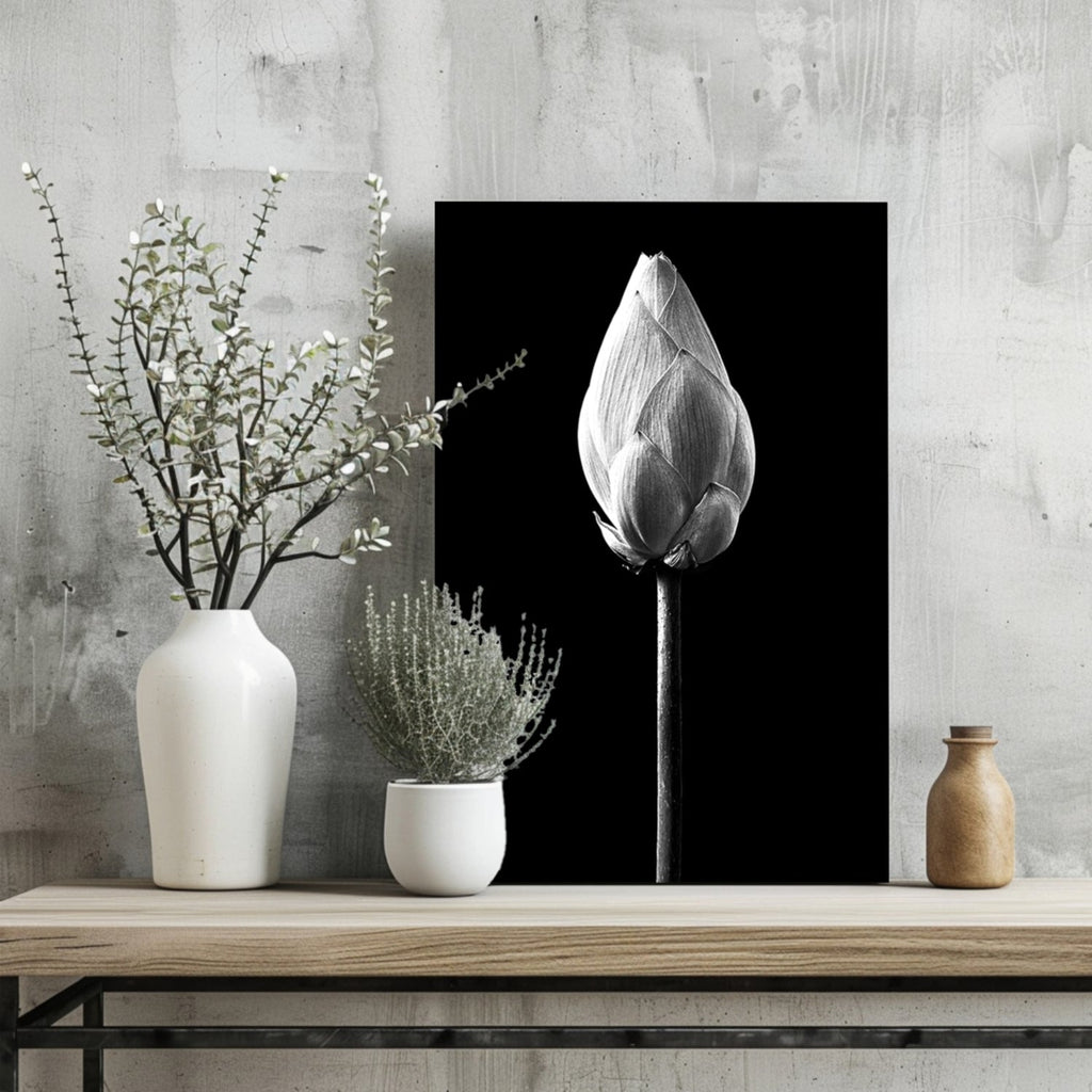 Black and White Lotus Bud Close Up Aluminum Print