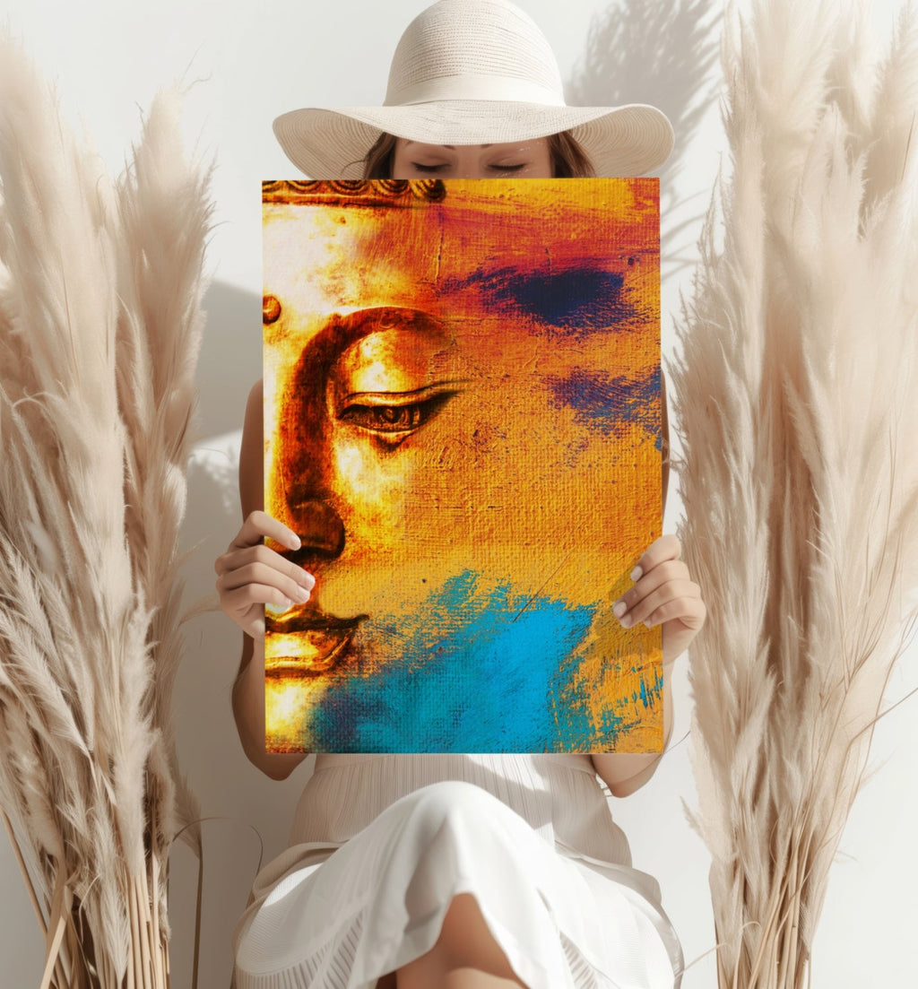 Orange Brushstroke Half Face Buddha Aluminum Print