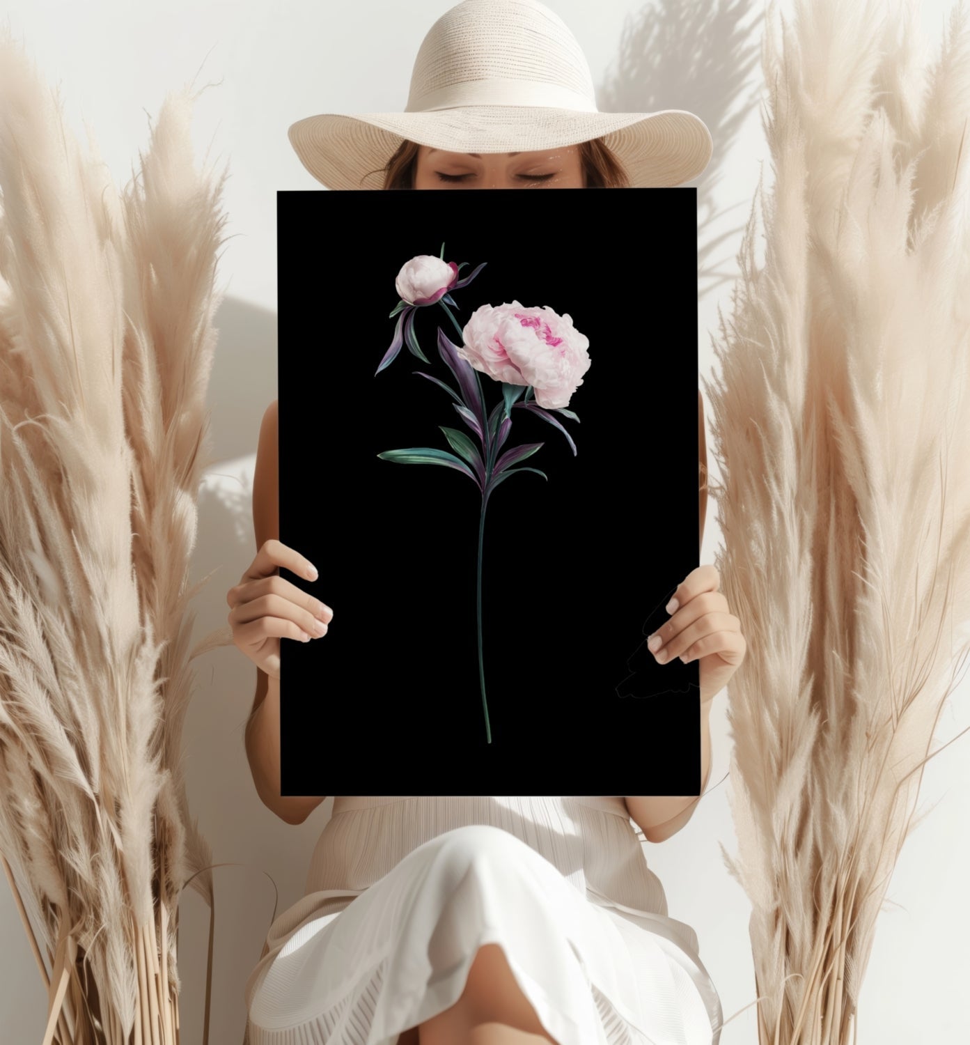 Pink Peony Stem on Black Backdrop Aluminum Print
