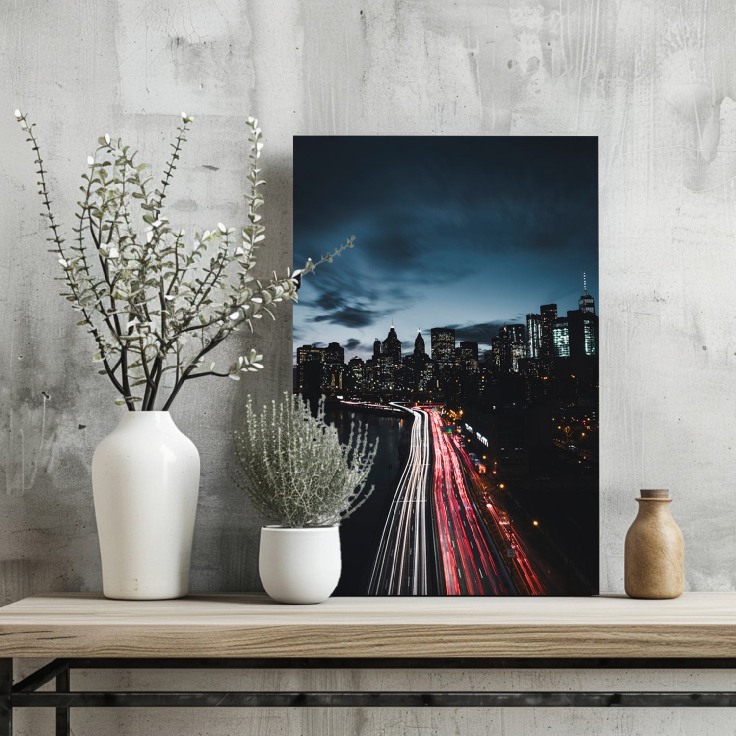 Night Skyline Red Light Trails City Aluminum Print