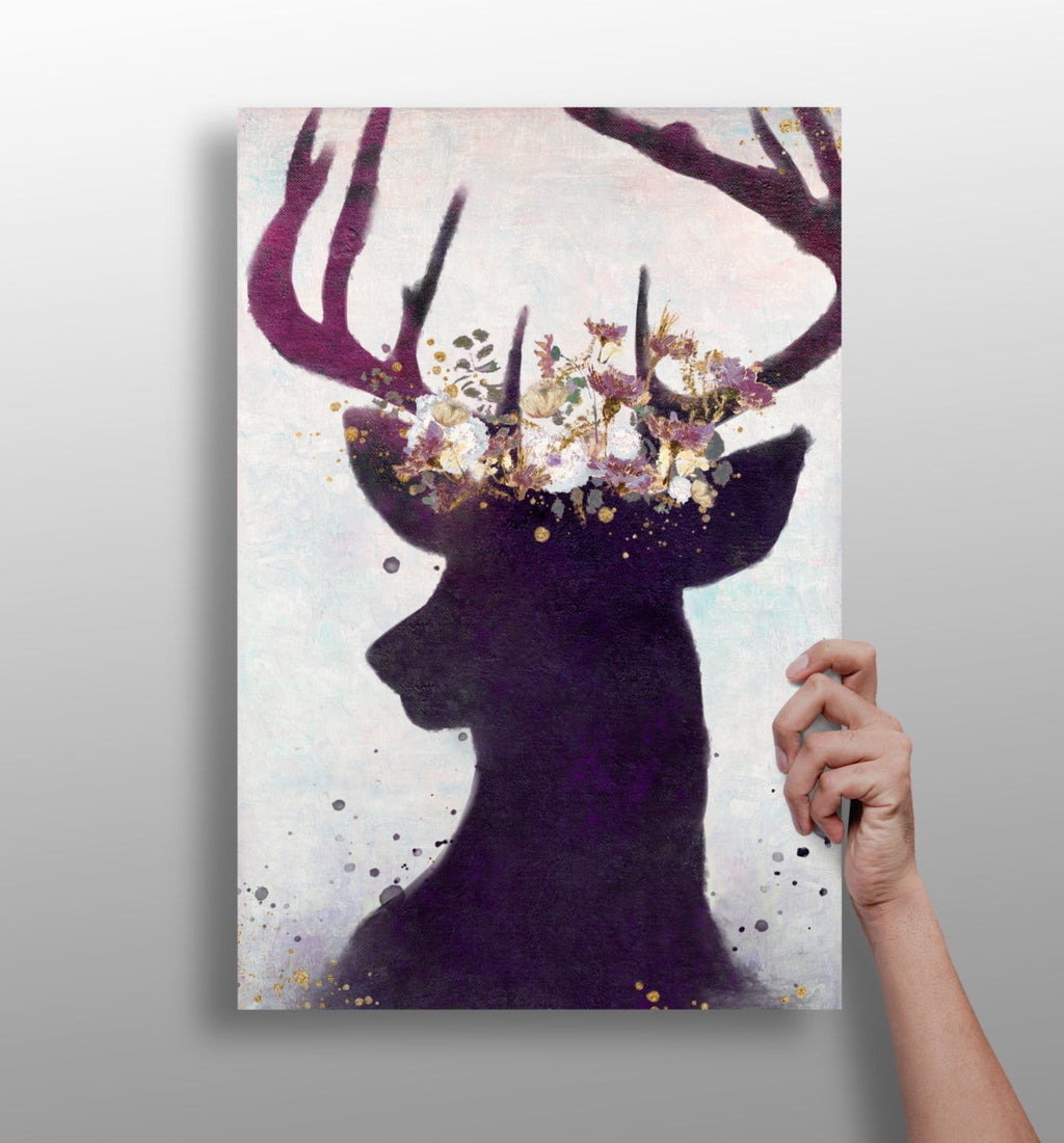 Purple Floral Crown Deer Silhouette Aluminum Print