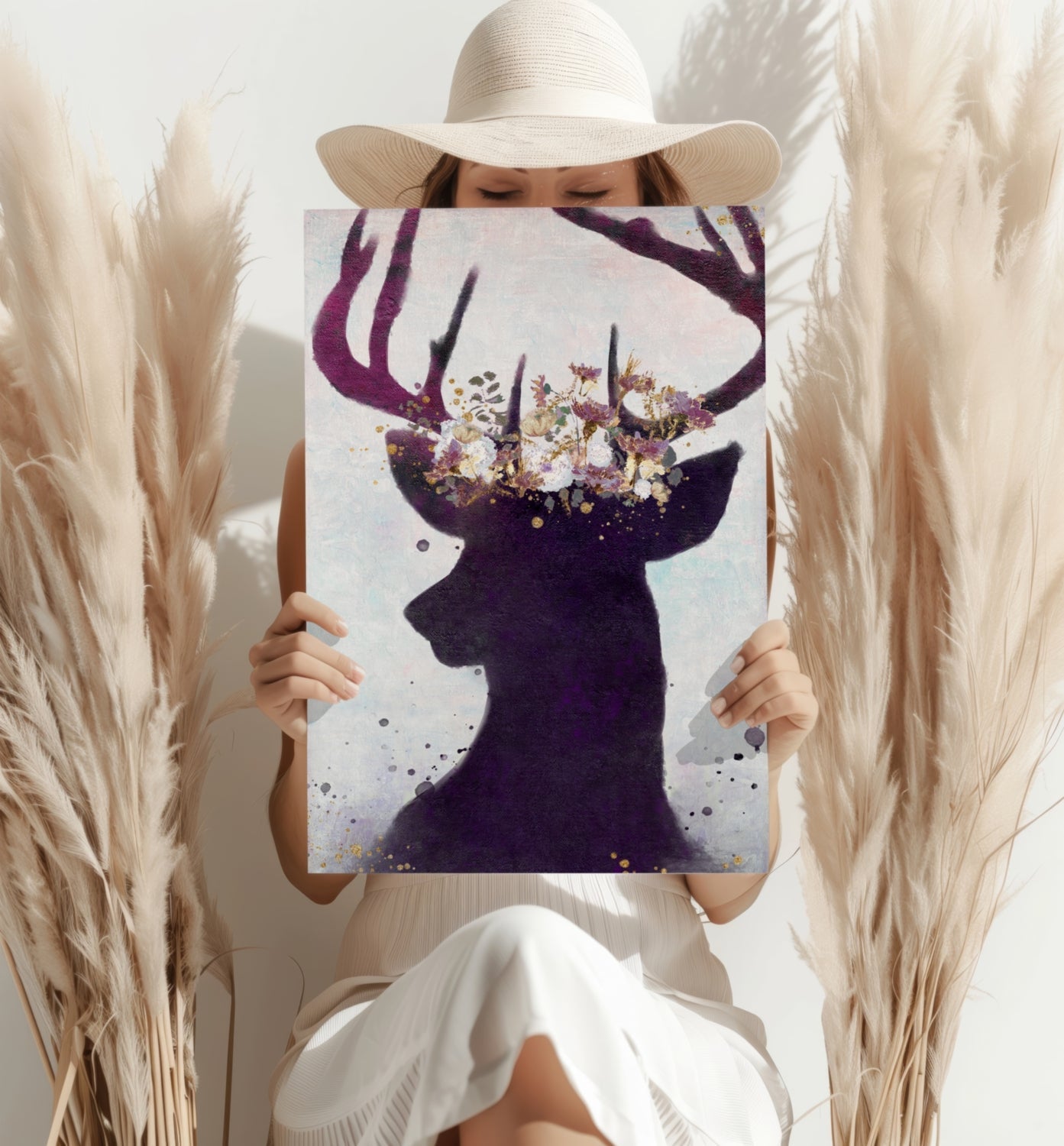 Purple Floral Crown Deer Silhouette Aluminum Print