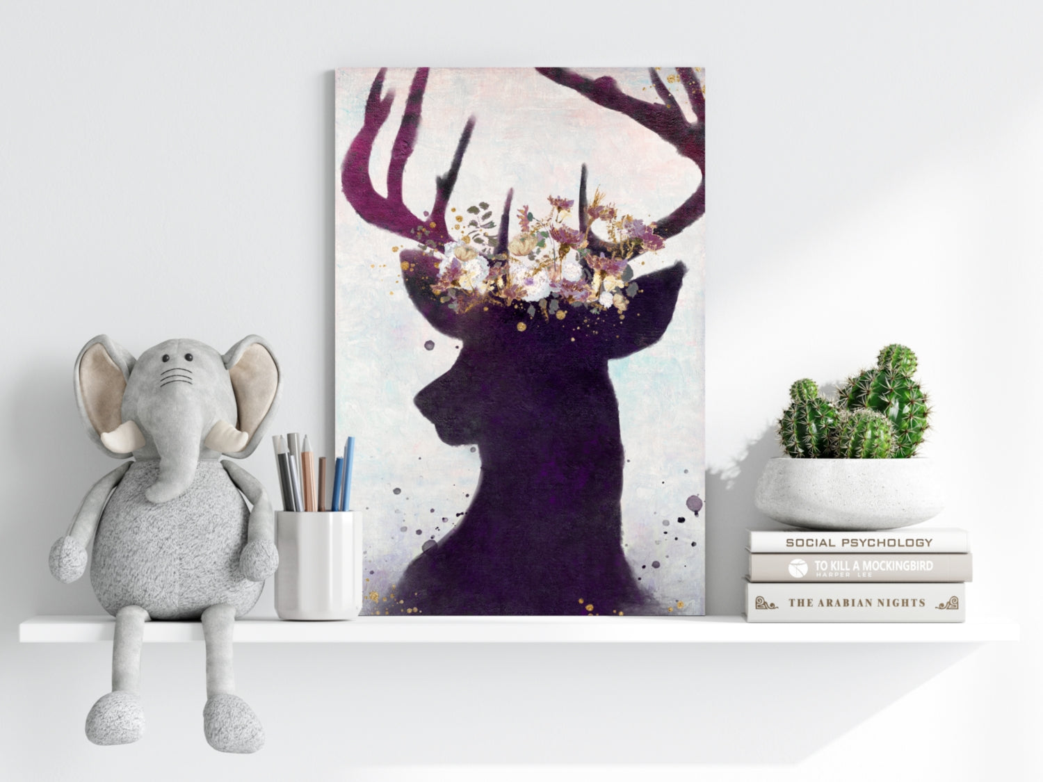 Purple Floral Crown Deer Silhouette Aluminum Print