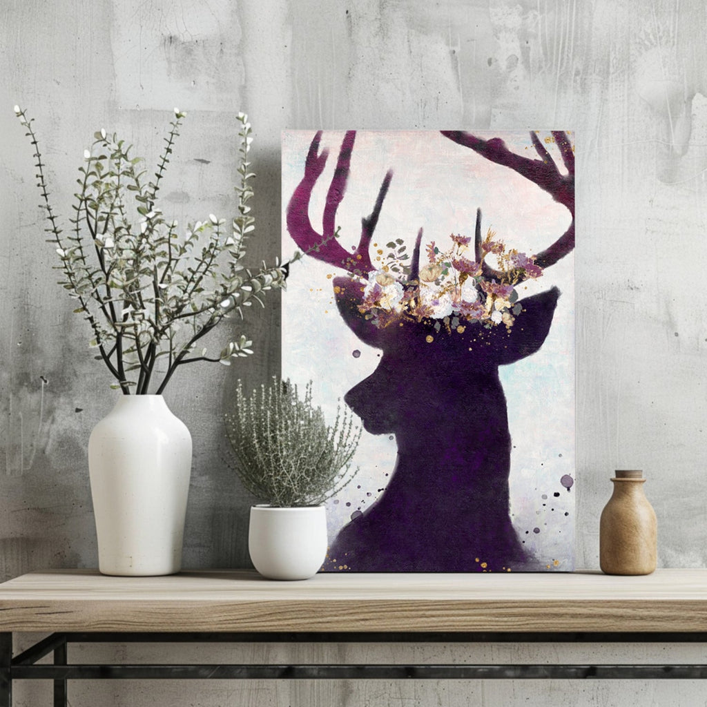 Purple Floral Crown Deer Silhouette Aluminum Print