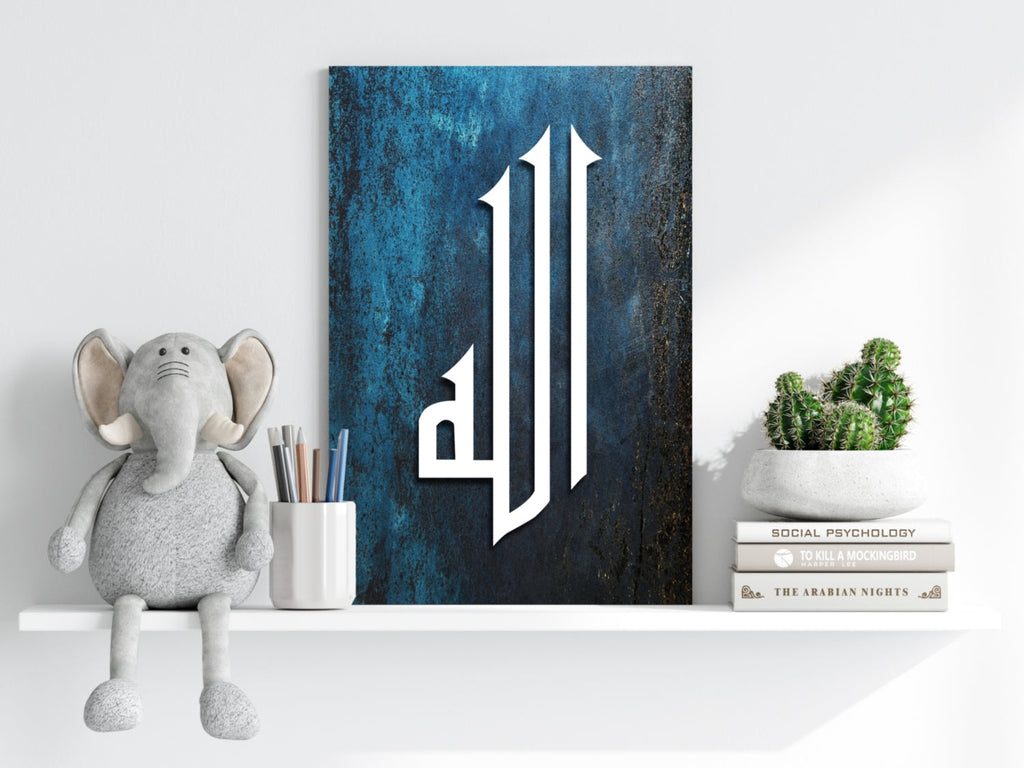 White Calligraphy on Blue Rust Texture Aluminum Print
