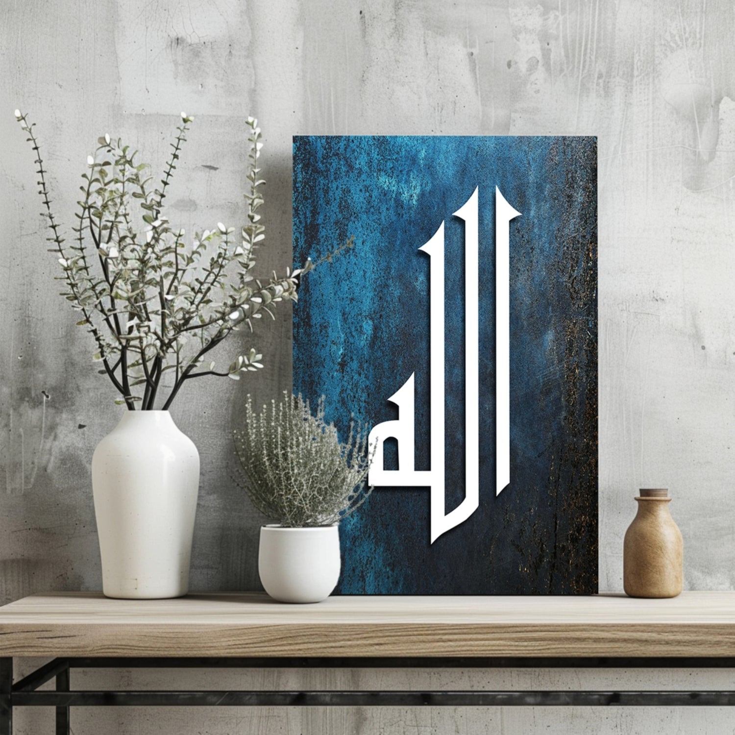 White Calligraphy on Blue Rust Texture Aluminum Print