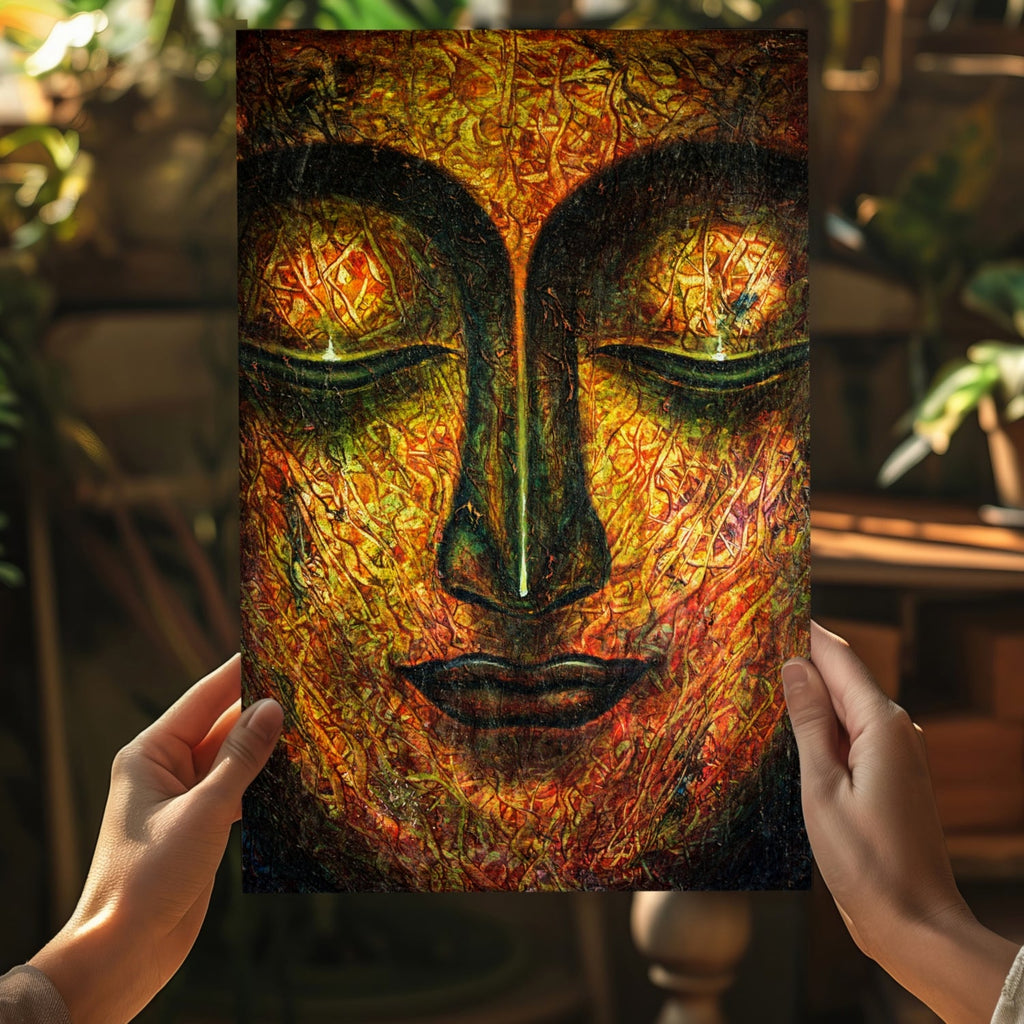 Fiery Amber Textured Closed Eyes Buddha Aluminum Print